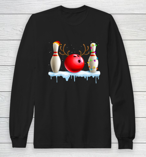 Bowling Christmas Santa Hat Xmas Lights Gift Bowling Lover Long Sleeve T-Shirt