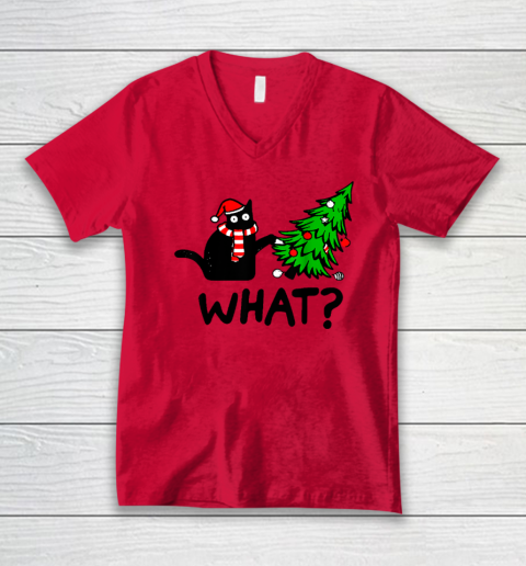 Funny Black Cat Gift Pushing Christmas Tree Over Cat What V-Neck T-Shirt 3