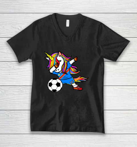 Dabbing Unicorn DR Congo Football Congolese Flag Soccer V-Neck T-Shirt