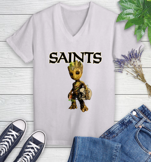New Orleans Saints NFL Football Groot Marvel Guardians Of The Galaxy Women's V-Neck T-Shirt