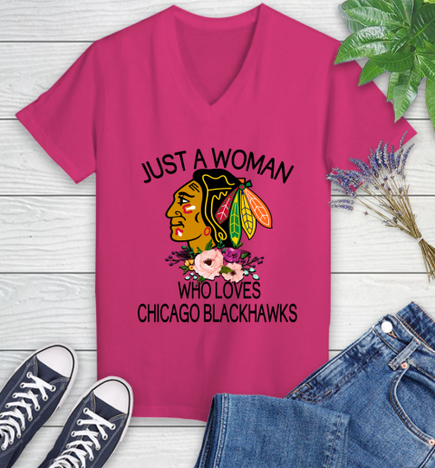 NHL Just A Woman Who Loves Chicago Blackhawks Hockey Sports Women's V-Neck T-Shirt 5