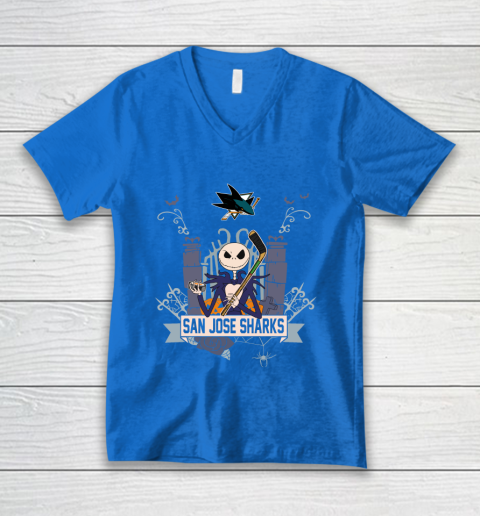 NHL San Jose Sharks Hockey Jack Skellington Halloween V-Neck T-Shirt 5