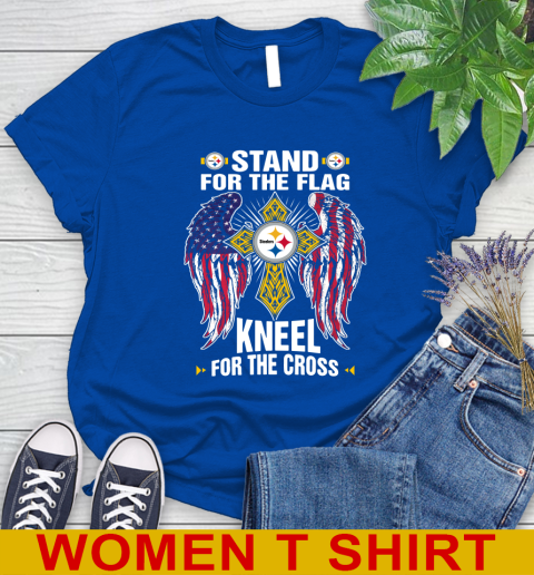 NFL Football Pittsburgh Steelers Stand For Flag Kneel For The Cross Shirt Women's T-Shirt - Image 11
