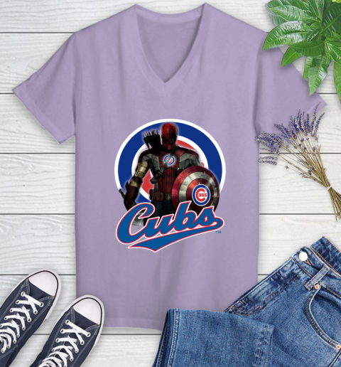MLB Captain America Thor Spider Man Hawkeye Avengers Endgame Baseball Chicago Cubs Women's V-Neck T-Shirt 14