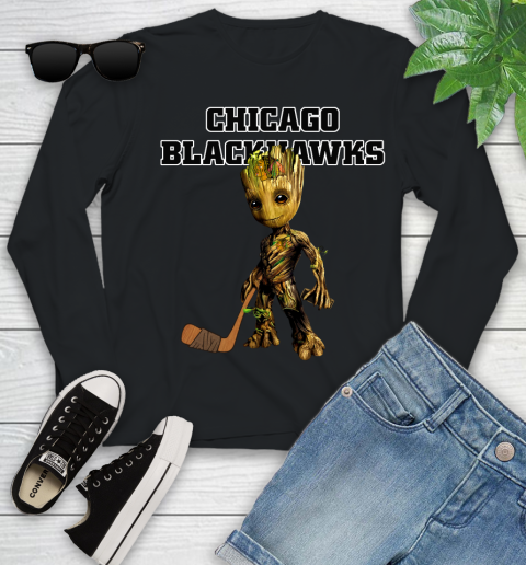 Chicago Blackhawks NHL Hockey Groot Marvel Guardians Of The Galaxy Youth Long Sleeve 2