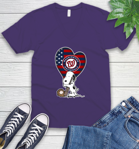 Washington Nationals MLB Baseball The Peanuts Movie Adorable Snoopy V-Neck T-Shirt 10