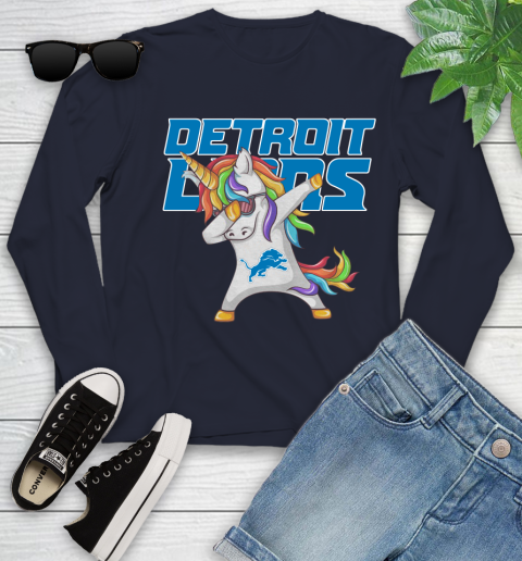 Detroit Lions NFL Football Funny Unicorn Dabbing Sports Youth Long Sleeve 3