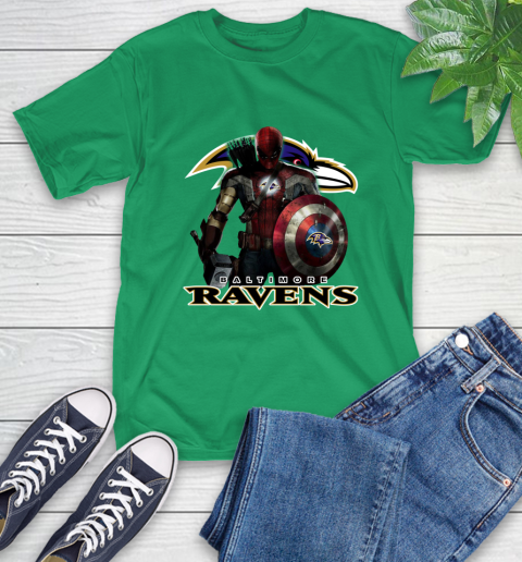 NFL Captain America Thor Spider Man Hawkeye Avengers Endgame Football Baltimore Ravens T-Shirt 7