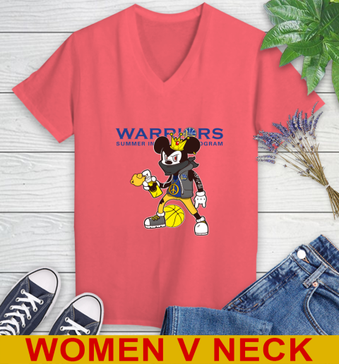 Golden State Warriors NBA Basketball Mickey Peace Sign Sports Women's V-Neck T-Shirt 7