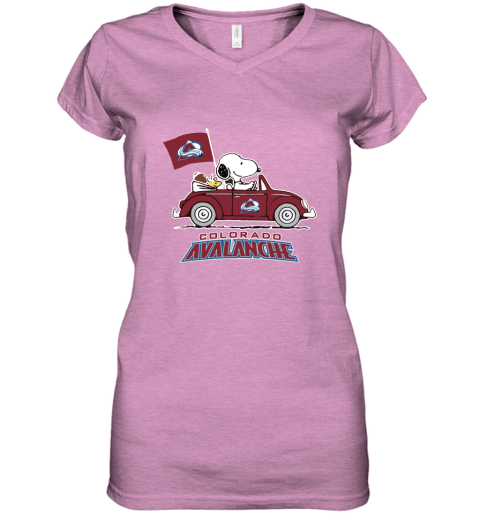 Snoopy And Woodstock Ride The Colorado Avalanche Car NHL Women's V-Neck T-Shirt