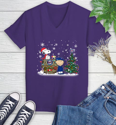 MLB Minnesota Twins Snoopy Charlie Brown Christmas Baseball Commissioner's Trophy Women's V-Neck T-Shirt 3