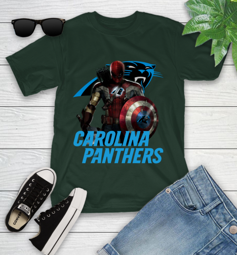NFL Captain America Thor Spider Man Hawkeye Avengers Endgame Football Carolina Panthers Youth T-Shirt 5