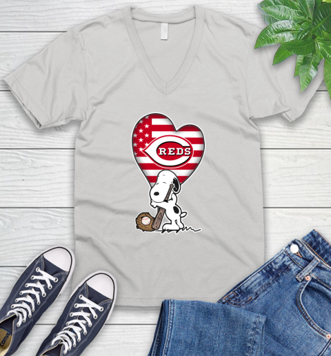 Cincinnati Reds MLB Baseball The Peanuts Movie Adorable Snoopy V-Neck T-Shirt