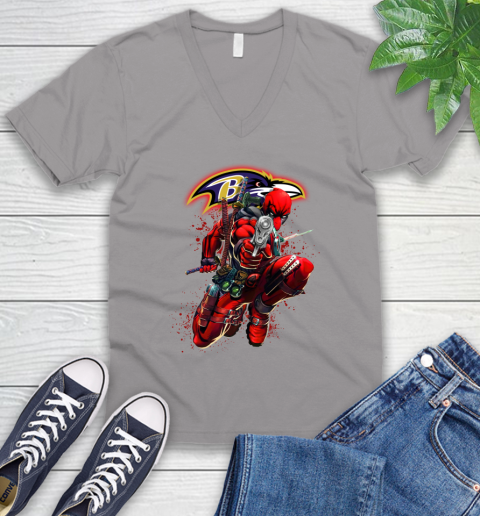 NFL Deadpool Marvel Comics Sports Football Baltimore Ravens V-Neck T-Shirt 4
