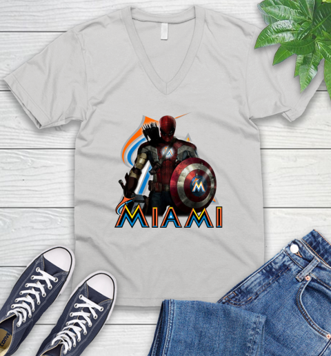 MLB Captain America Thor Spider Man Hawkeye Avengers Endgame Baseball Miami Marlins V-Neck T-Shirt