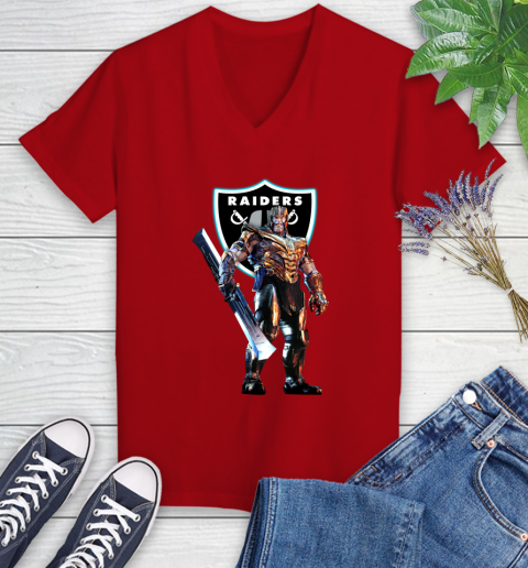 NFL Thanos Gauntlet Avengers Endgame Football Oakland Raiders Women's V-Neck T-Shirt 12