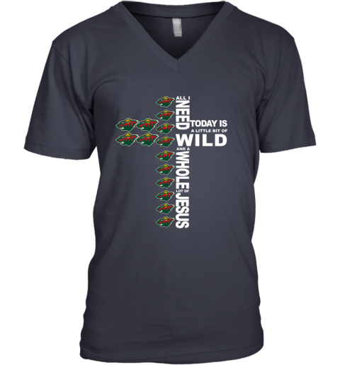 NHL All I Need Today Is A Little Bit Of Minnesota Wild And A Whole Lot Of Jesus Hockey XtEOOW5TkpG v neck unisex 8 95 151514 front navy