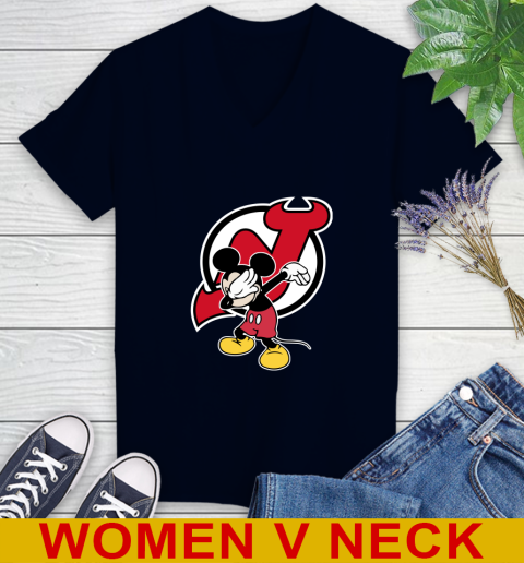 New Jersey Devils NHL Hockey Dabbing Mickey Disney Sports Women's V-Neck T-Shirt 3