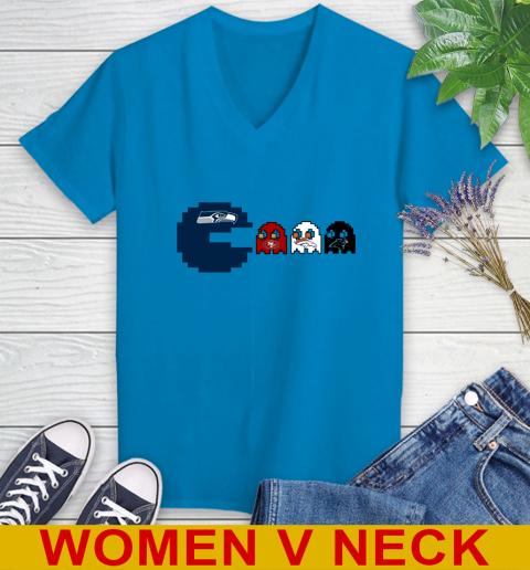 Seattle Seahawks NFL Football Pac Man Champion Women's V-Neck T-Shirt 8