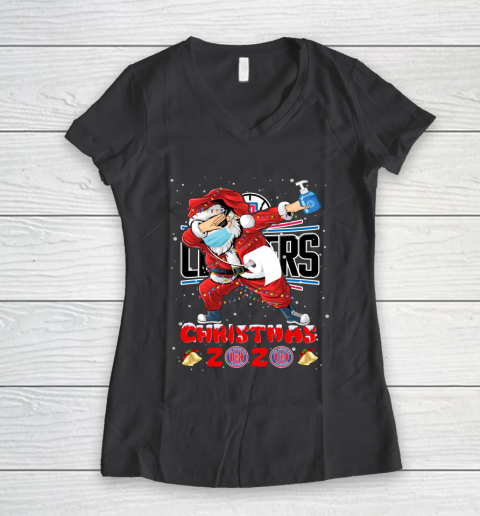 LA Clippers Funny Santa Claus Dabbing Christmas 2020 NBA Women's V-Neck T-Shirt 6