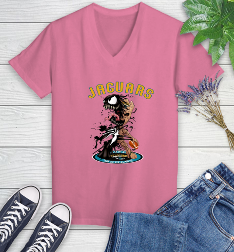 NFL Jacksonville Jaguars Football Venom Groot Guardians Of The Galaxy Women's V-Neck T-Shirt - Image 14