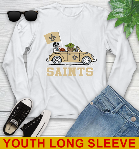 NFL Football New Orleans Saints Darth Vader Baby Yoda Driving Star Wars Shirt Youth Long Sleeve