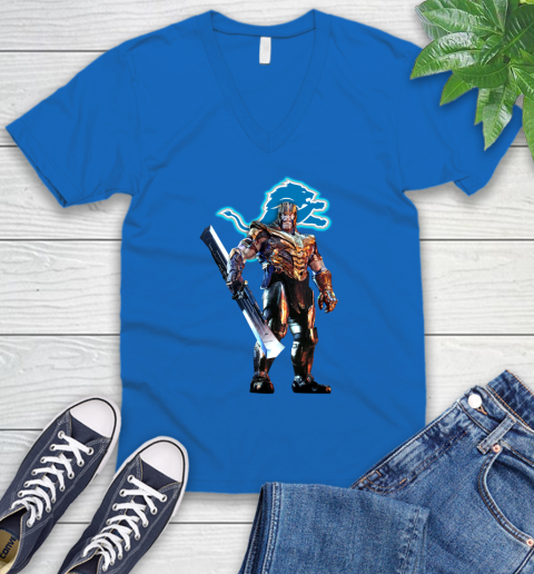 NFL Thanos Gauntlet Avengers Endgame Football Detroit Lions V-Neck T-Shirt 6