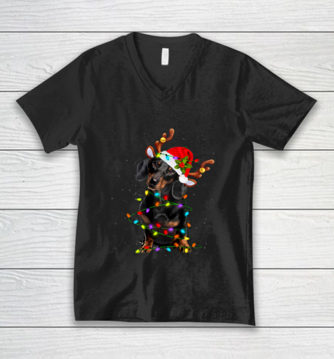 Christmas Cute Daschund With Christmas Lights V-Neck T-Shirt