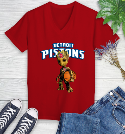 Detroit Pistons NBA Basketball Groot Marvel Guardians Of The Galaxy Women's V-Neck T-Shirt 12