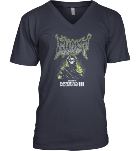 Modern Warfare III Ghost Metal V-Neck T-Shirt 0vl5 modern warfare iii ghost metal v neck unisex 8 front navy