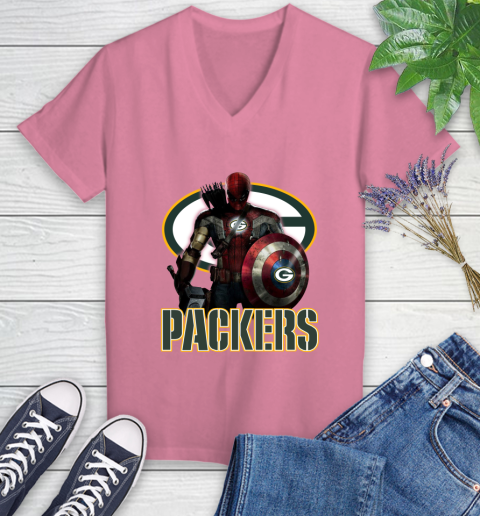 NFL Captain America Thor Spider Man Hawkeye Avengers Endgame Football Green Bay Packers Women's V-Neck T-Shirt 13
