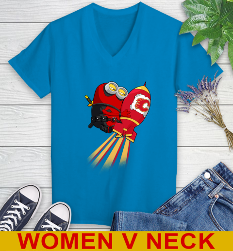 NHL Hockey Calgary Flames Deadpool Minion Marvel Shirt Women's V-Neck T-Shirt 7