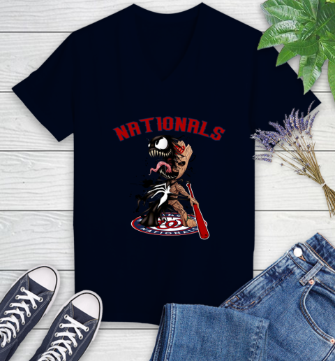 MLB Washington Nationals Baseball Venom Groot Guardians Of The Galaxy Women's V-Neck T-Shirt 3
