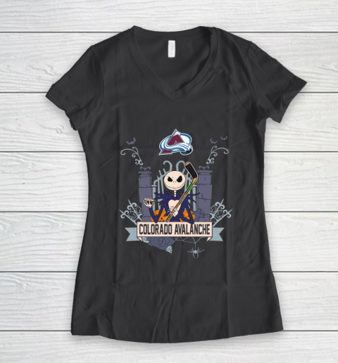 NHL Colorado Avalanche Hockey Jack Skellington Halloween Women's V-Neck T-Shirt 6