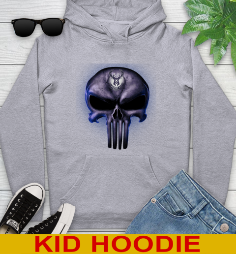 Milwaukee Bucks NBA Basketball Punisher Skull Sports Youth Hoodie 6