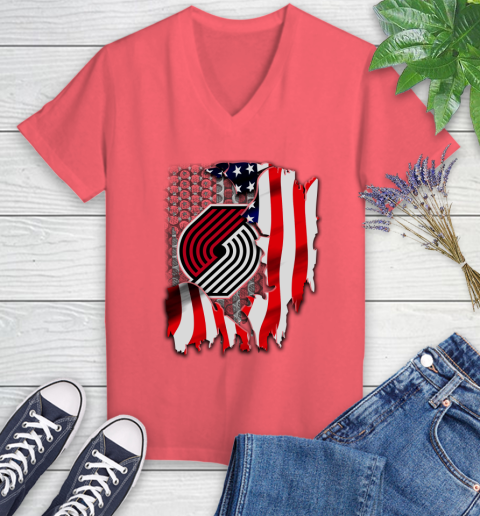 Portland Trail Blazers NBA Basketball American Flag Women's V-Neck T-Shirt 6