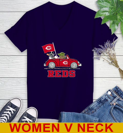 MLB Baseball Cincinnati Reds Darth Vader Baby Yoda Driving Star Wars Shirt Women's V-Neck T-Shirt 4