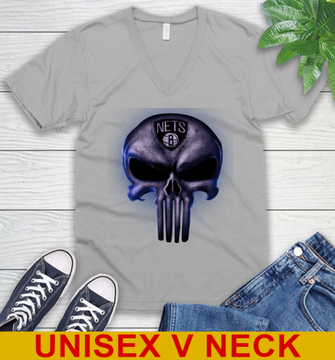Brooklyn Nets NBA Basketball Punisher Skull Sports V-Neck T-Shirt 3