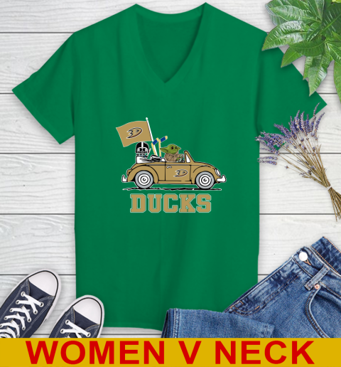 NHL Hockey Anaheim Ducks Darth Vader Baby Yoda Driving Star Wars Shirt Women's V-Neck T-Shirt 6
