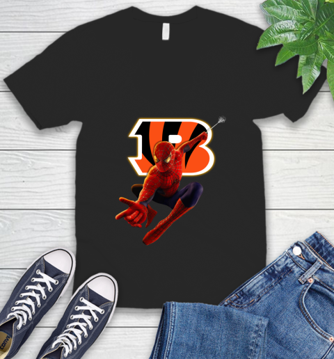 NFL Spider Man Avengers Endgame Football Cincinnati Bengals V-Neck T-Shirt 2
