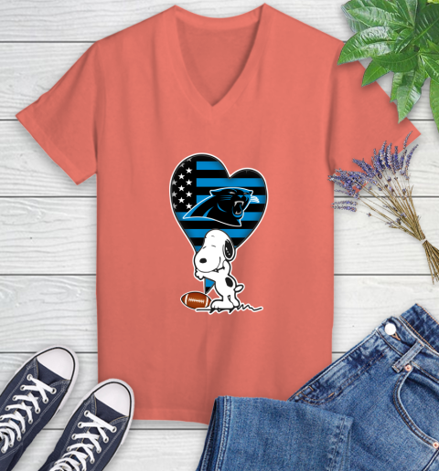 Carolina Panthers NFL Football The Peanuts Movie Adorable Snoopy Women's V-Neck T-Shirt 6