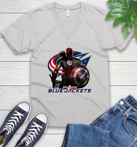 NHL Captain America Thor Spider Man Hawkeye Avengers Endgame Hockey Columbus Blue Jackets V-Neck T-Shirt