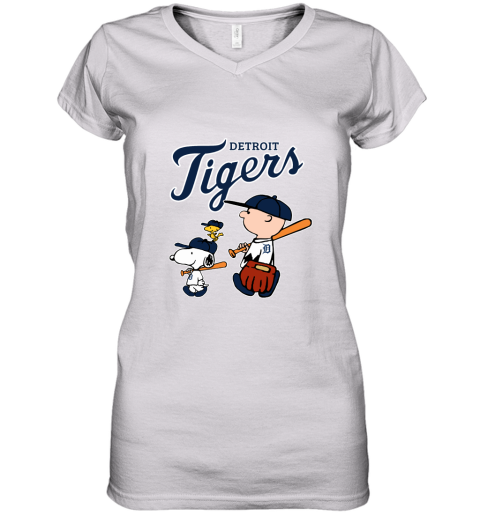 Detroit Tigers Let's Play Baseball Together Snoopy MLB Women's V-Neck T-Shirt