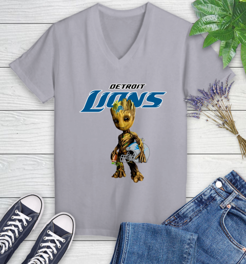 Detroit Lions NFL Football Groot Marvel Guardians Of The Galaxy Women's V-Neck T-Shirt 4