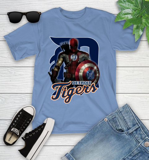 MLB Captain America Thor Spider Man Hawkeye Avengers Endgame Baseball Detroit Tigers Youth T-Shirt 11
