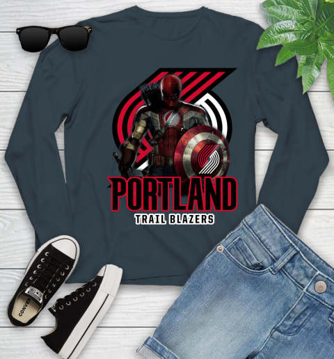 Portland Trail Blazers NBA Basketball Captain America Thor Spider Man Hawkeye Avengers Youth Long Sleeve 8