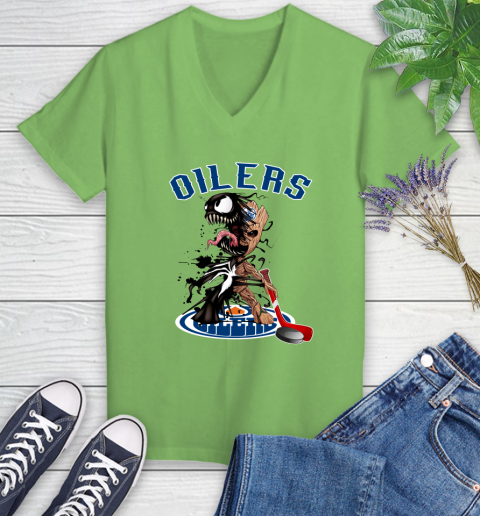NHL Edmonton Oilers Hockey Venom Groot Guardians Of The Galaxy Women's V-Neck T-Shirt 11