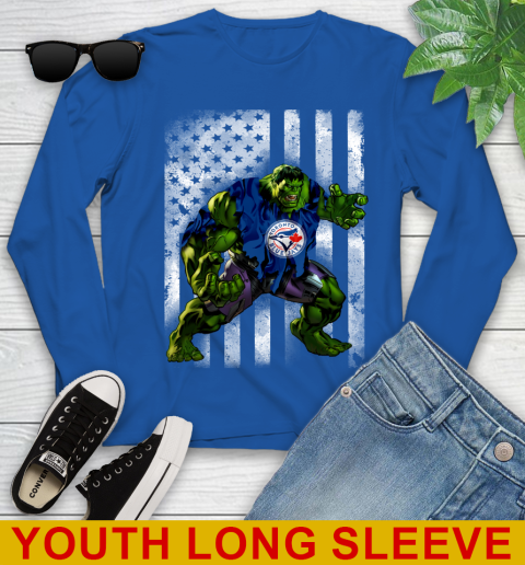 Toronto Blue Jays Hulk Marvel Avengers MLB Baseball American Flag Youth Long Sleeve 10