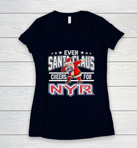 New York Rangers Even Santa Claus Cheers For Christmas NHL Women's V-Neck T-Shirt 2