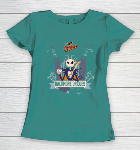 MLB Baltimore Orioles Baseball Jack Skellington Halloween Women's T-Shirt 10